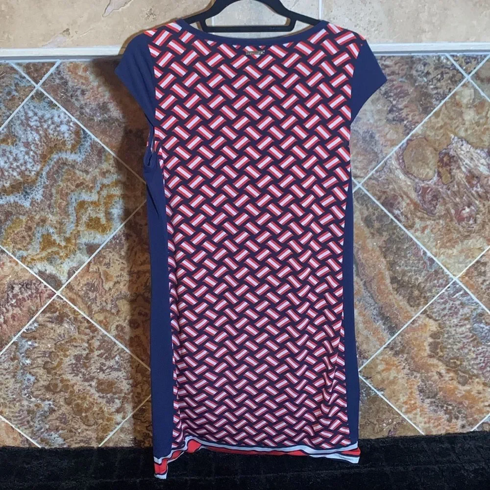 Michael Kors Womens Navy Red Geometric Colorblock Cap Sleeve Shift Dress Medium